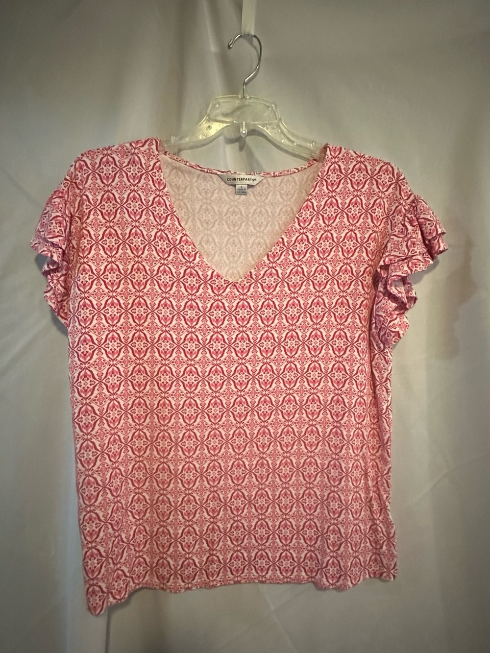 Counterparts Printed V-Neck Ruffle Sleeve Top - Pinkish/Redish